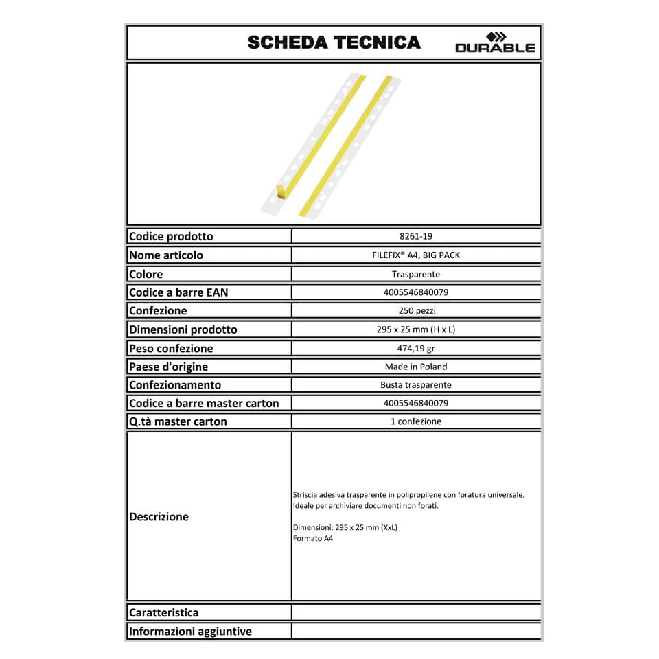 Striscie adesive a foratura universale DURABLE A4 trasparente conf. 250 pezzi 826119