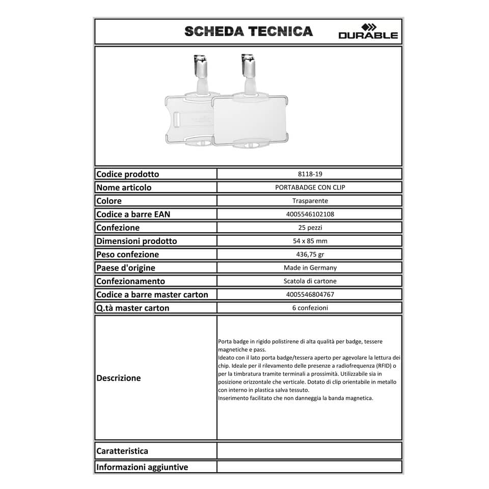Portabadge rigido Durable 85x54 mm con clip di sicurezza orientabile trasparente Conf. 25 pezzi - 811819