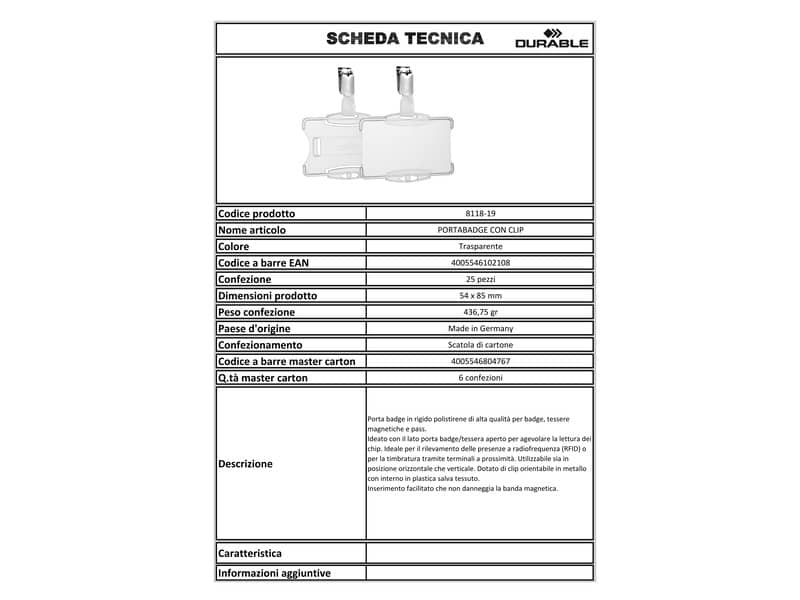 Portabadge rigido Durable 85x54 mm con clip di sicurezza orientabile trasparente Conf. 25 pezzi - 811819