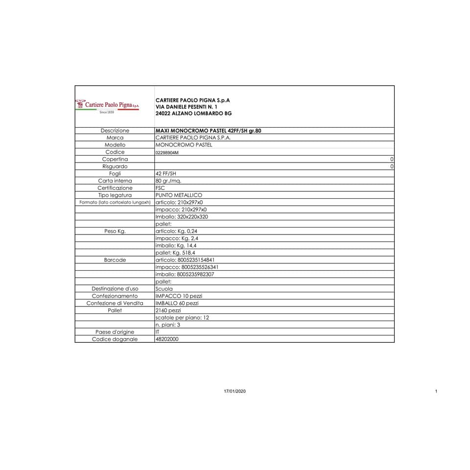 Quaderno 42 fogli PIGNA Monocromo Pastel A4 a quadretti 4M assortiti 02298904M