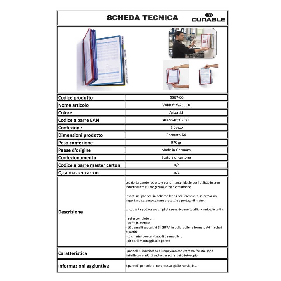 Leggio da parete DURABLE VARIO® WALL 10 pannelli A4 acciaio/polipropilene colori assortiti - 556700
