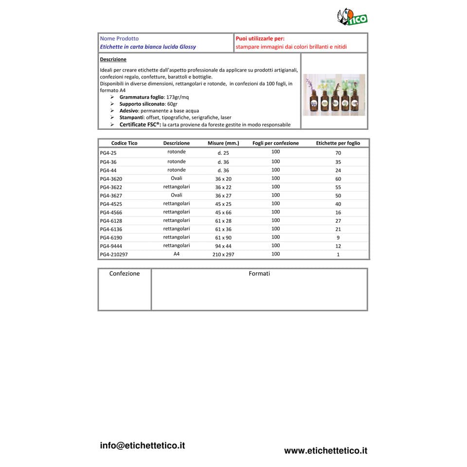 Etichette bianco lucido TICO Press Glossy 210x297 mm - 1 et./foglio - conf. 100 fogli - PG4-210297