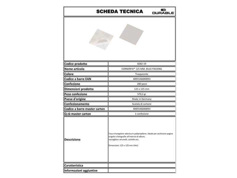Tasche adesive DURABLE CORNERFIX® triangolari polipropilene trasparente 125x125mm  conf. 200 - 828219