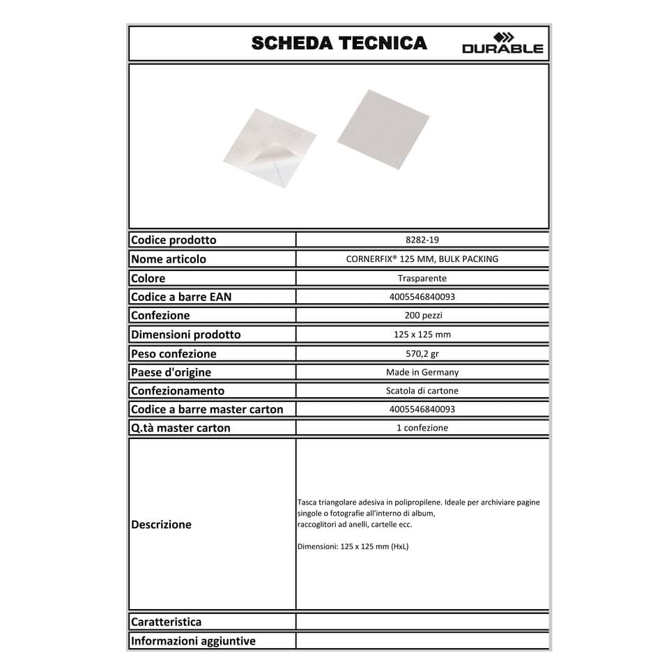 Tasche adesive DURABLE CORNERFIX® triangolari polipropilene trasparente 125x125mm  conf. 200 - 828219
