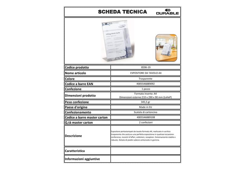 Espositore da tavolo DURABLE portastampati acrilico A4 trasparente - 859619