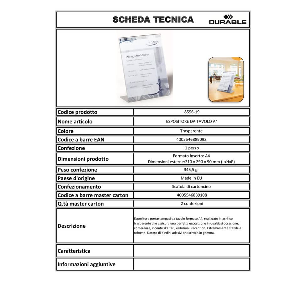 Espositore da tavolo DURABLE portastampati acrilico A4 trasparente - 859619