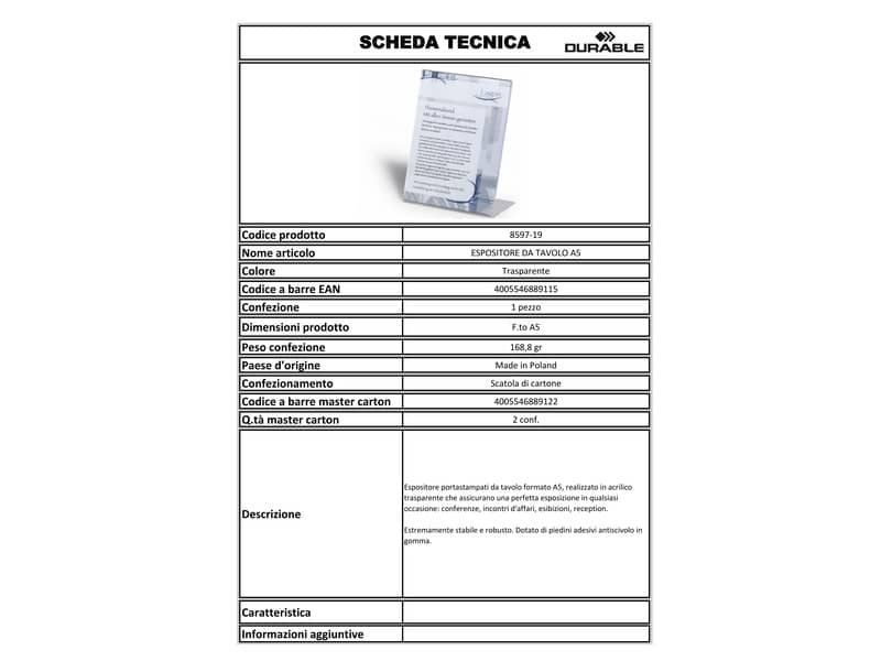 Espositore da tavolo DURABLE portastampati acrilico A5 trasparente - 859719