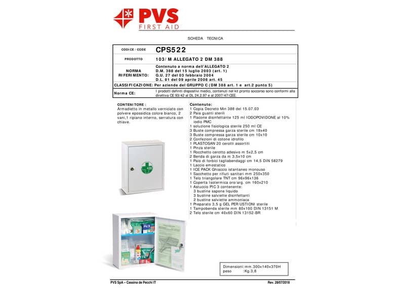 Armadietto Pronto Soccorso PVS 2 vani - 1 ripiano interno bianco - metallo - 2 persone - cps522