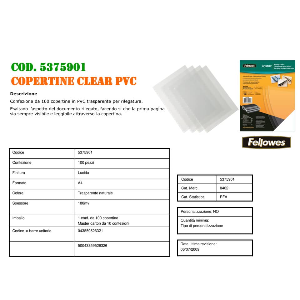 Copertine per rilegatrici FELLOWES Clear PVC A4 180my conf.100 pz - 5375901