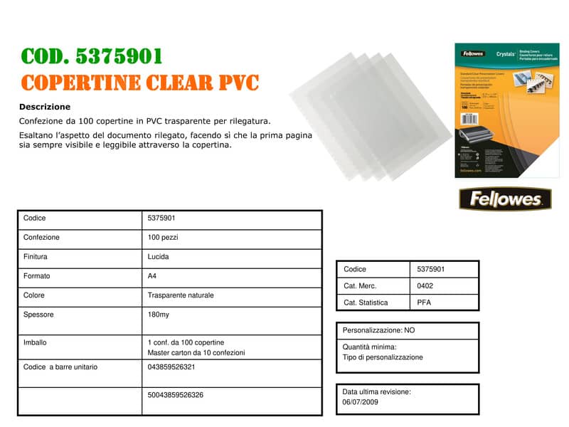 Copertine per rilegatrici FELLOWES Clear PVC A4 180my conf.100 pz - 5375901