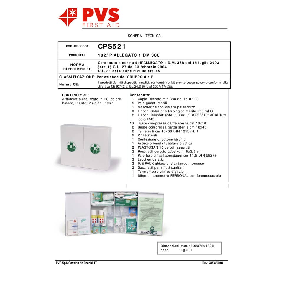 Armadietto Pronto Soccorso Base PVS bianco plastica - 3 persone CPS521