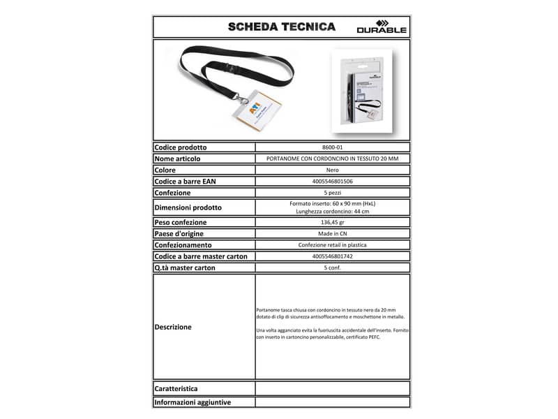 Portanomi DURABLE tasca chiusa con cordoncino trasparente/nero inserto 60x90mm  conf. 5 - 860001