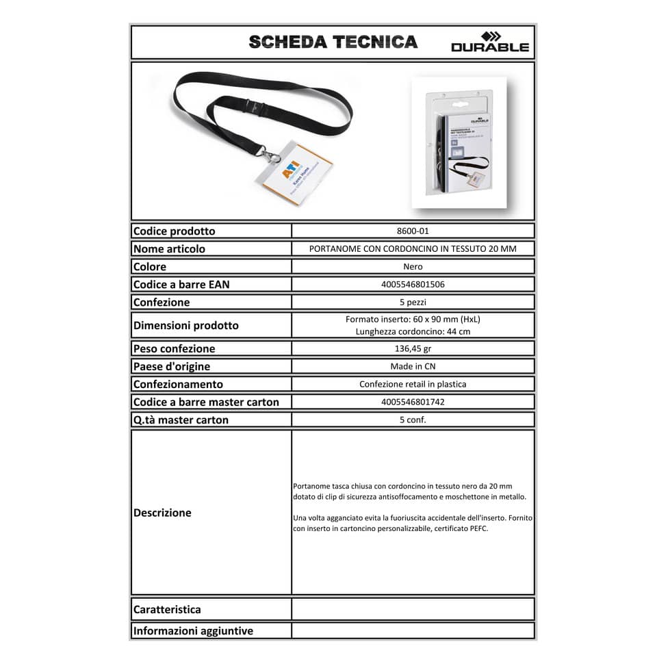 Portanomi DURABLE tasca chiusa con cordoncino trasparente/nero inserto 60x90mm  conf. 5 - 860001
