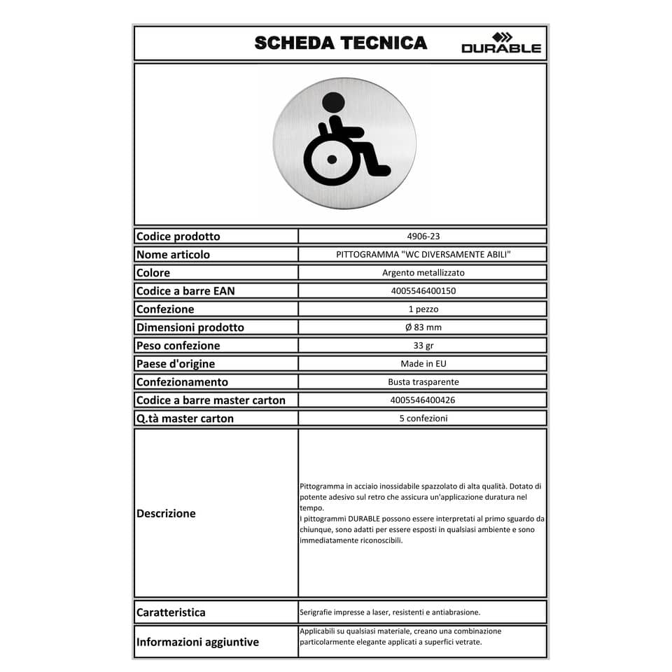 Pittogramma adesivo "WC diversamente abili" DURABLE acciaio inox argento metallizzato Ø 83 mm - 490623