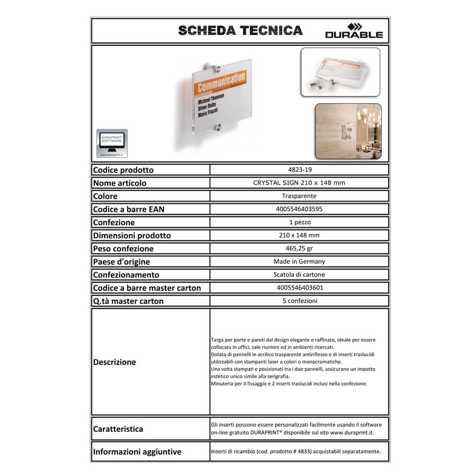 Targa DURABLE CRYSTAL SIGN acrilico trasparente 210x148 mm 482319