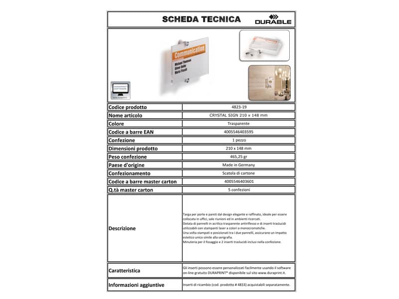 Targa DURABLE CRYSTAL SIGN acrilico trasparente 210x148 mm 482319