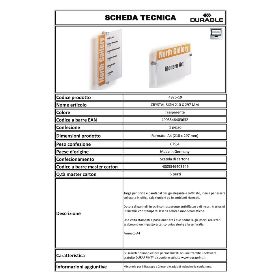 Targa DURABLE CRYSTAL SIGN acrilico trasparente 210x297 mm 482519