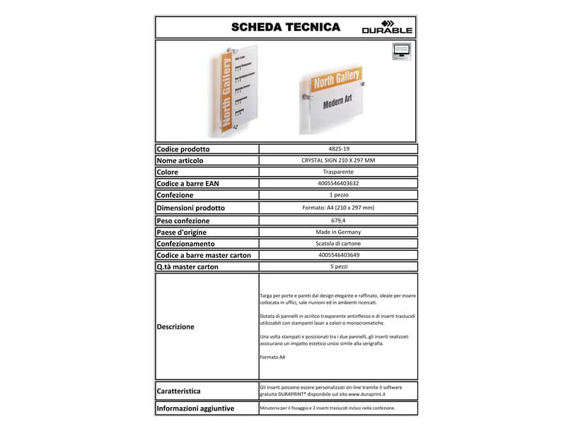 Targa DURABLE CRYSTAL SIGN acrilico trasparente 210x297 mm 482519