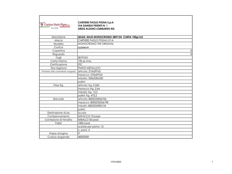 Quaderno 38 fogli PIGNA Monocromo A4 a righe 1R assortiti 02298881R