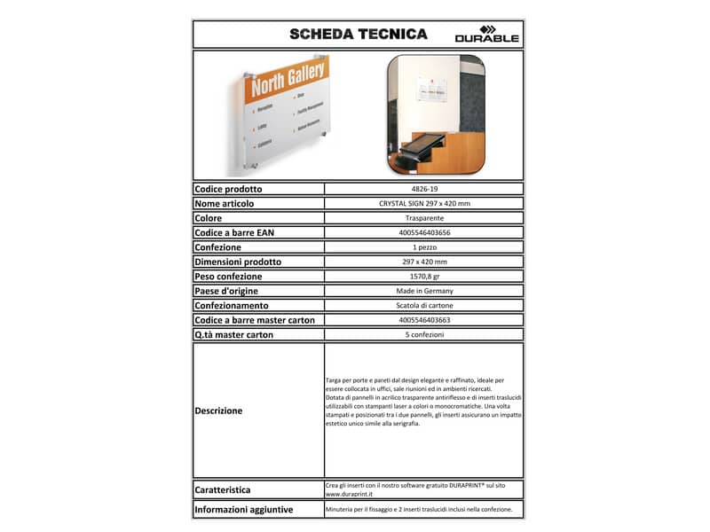 Targa DURABLE CRYSTAL SIGN acrilico trasparente 297x420 mm 482619