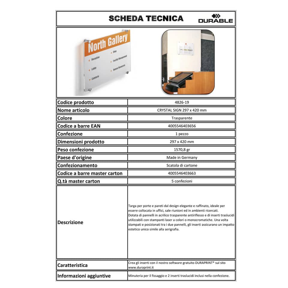 Targa DURABLE CRYSTAL SIGN acrilico trasparente 297x420 mm 482619