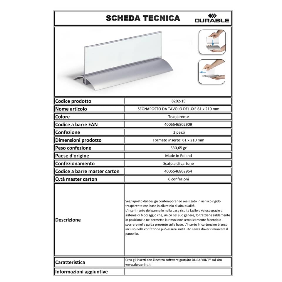 Portanomi da tavolo DURABLE DELUXE argento/trasparente inserto 61x210mm conf. 2 - 820219