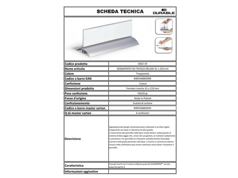 Portanomi da tavolo DURABLE DELUXE argento/trasparente inserto 61x210mm conf. 2 - 820219