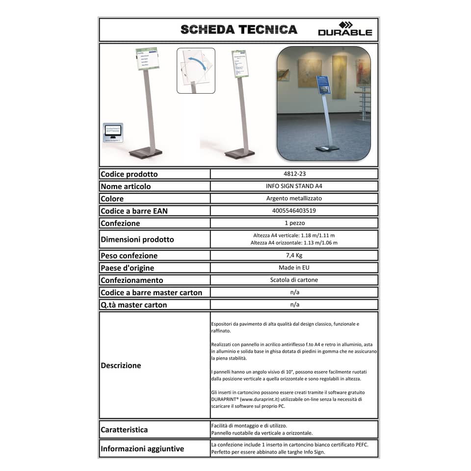 Espositore da terra DURABLE INFO SIGN A4  argento metallizzato - 481223