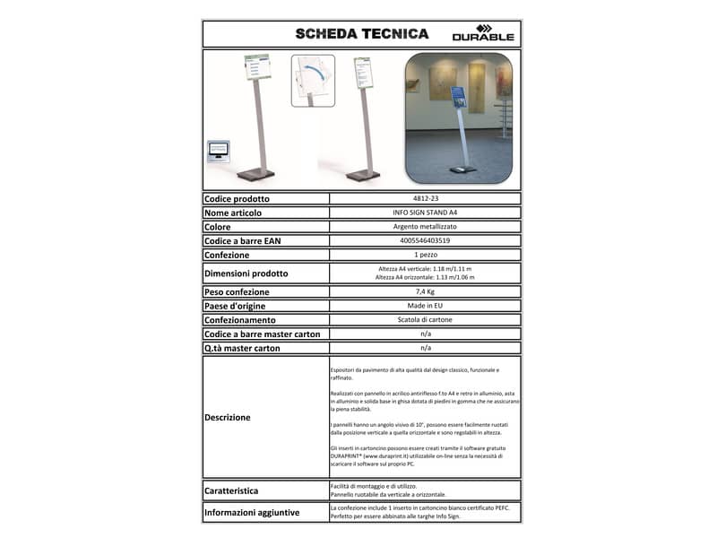 Espositore da terra DURABLE INFO SIGN A4  argento metallizzato - 481223