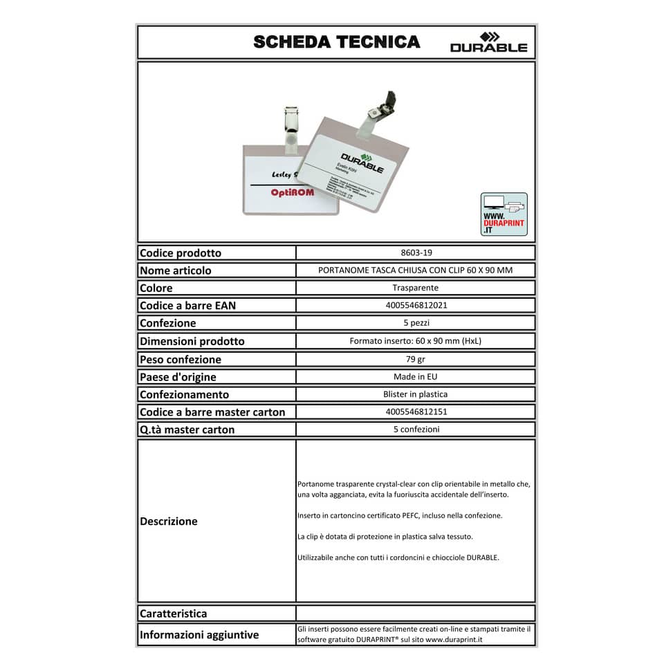 Portanomi DURABLE tasca chiusa con clip inserto 60x90mm conf. 5 - 860319