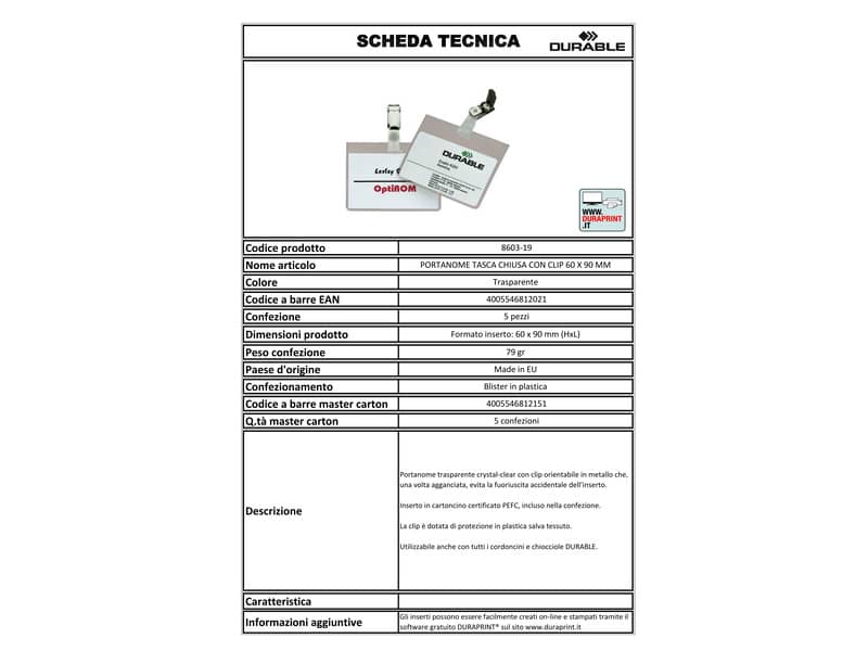 Portanomi DURABLE tasca chiusa con clip inserto 60x90mm conf. 5 - 860319