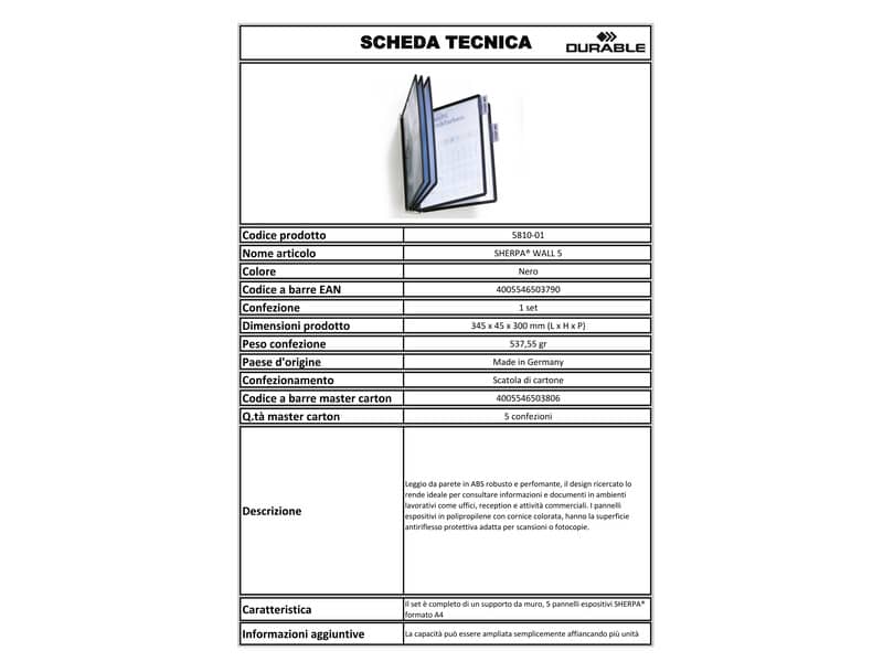 Leggio da parete DURABLE SHERPA® WALL 5 pannelli A4 ABS nero 581001