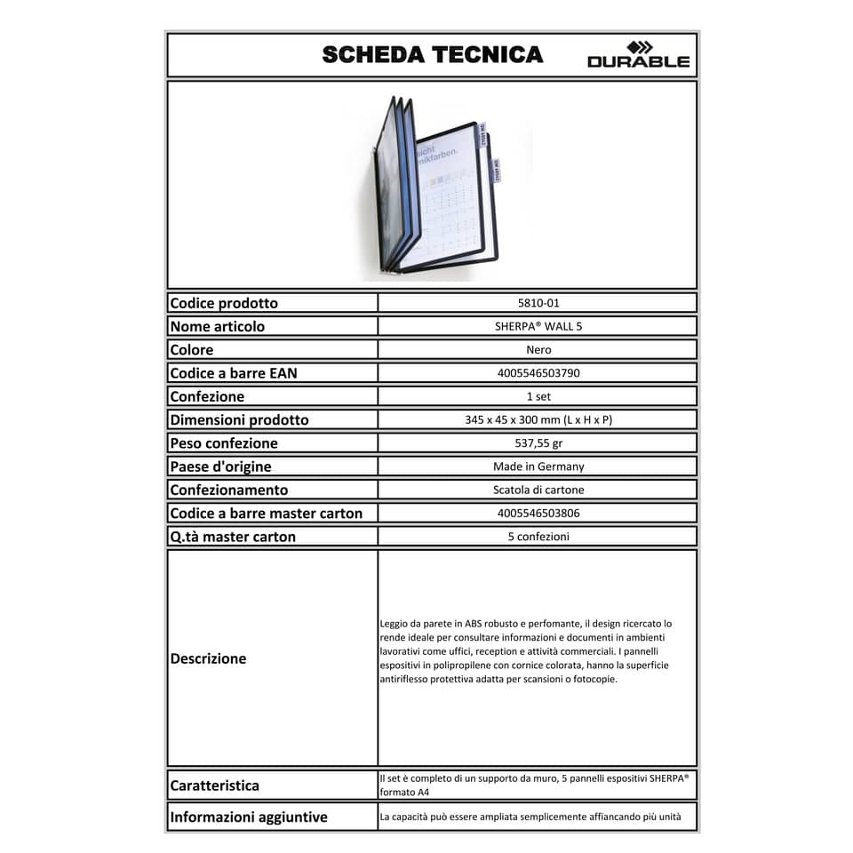 Leggio da parete DURABLE SHERPA® WALL 5 pannelli A4 ABS nero 581001