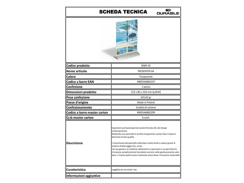 Espositore portastampati da tavolo DURABLE PRESENTER A4 trasparente 858919