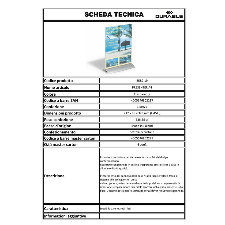 Espositore portastampati da tavolo DURABLE PRESENTER A4 trasparente 858919