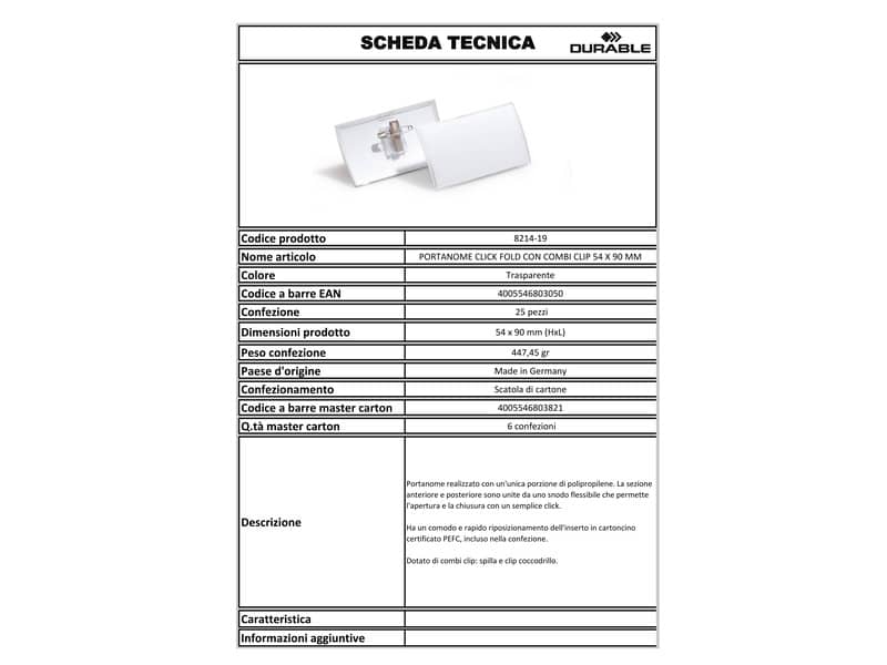 Portanomi DURABLE CLICK FOLD CON COMBI CLIP polipropilene trasparente inserto 54x90mm  conf. 25 - 821419