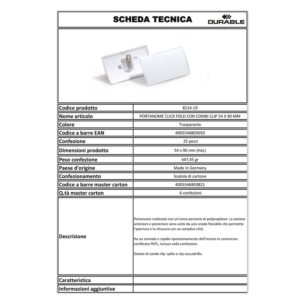 Portanomi DURABLE CLICK FOLD CON COMBI CLIP polipropilene trasparente inserto 54x90mm  conf. 25 - 821419