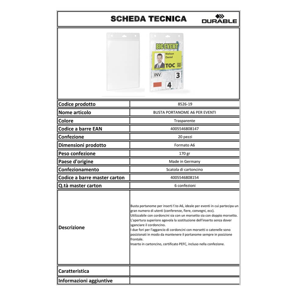 Portanomi DURABLE per eventi trasparente inserti f.to A6 105x148 mm conf. 20 - 852619