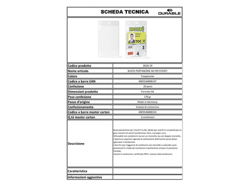 Portanomi DURABLE per eventi trasparente inserti f.to A6 105x148 mm conf. 20 - 852619