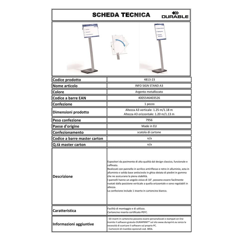 Espositore da terra DURABLE INFO SIGN A3  argento metallizzato - 481323