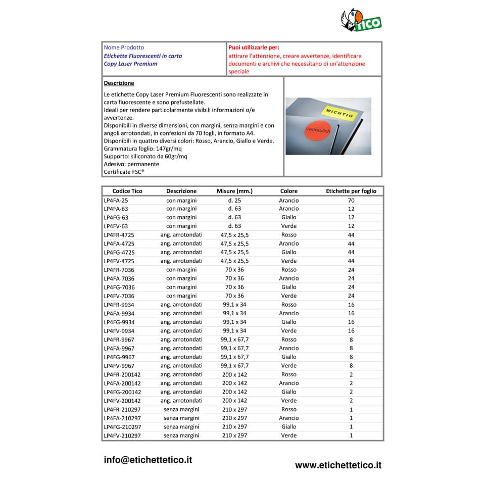 Etichette rosso fluo con angoli arrotondati TICO Copy Laser 99,1x67,7 mm 8 et./foglio - conf. 70 fogli LP4FR-9967