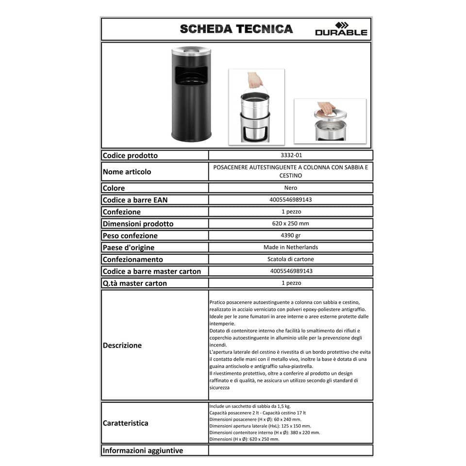Posacenere DURABLE autoestinguente a colonna con sabbia e cestino acciaio nero base tonda - 333201