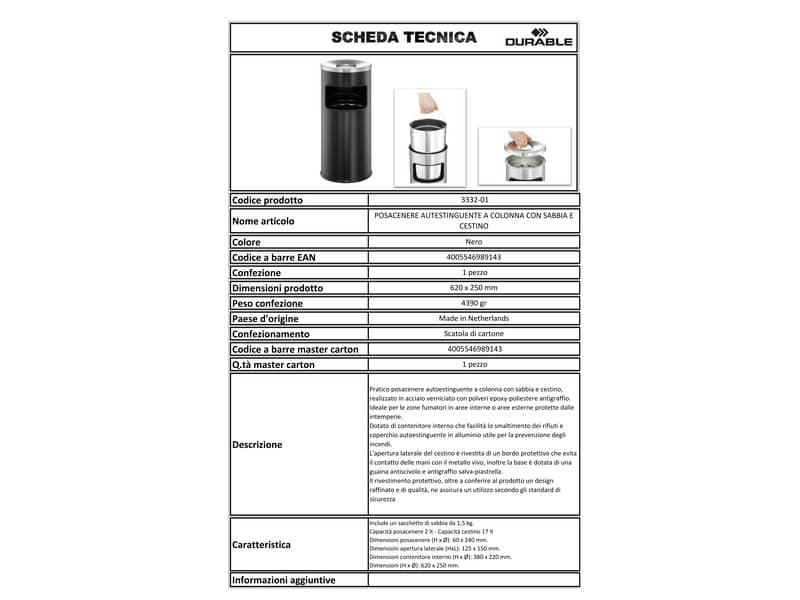 Posacenere DURABLE autoestinguente a colonna con sabbia e cestino acciaio nero base tonda - 333201