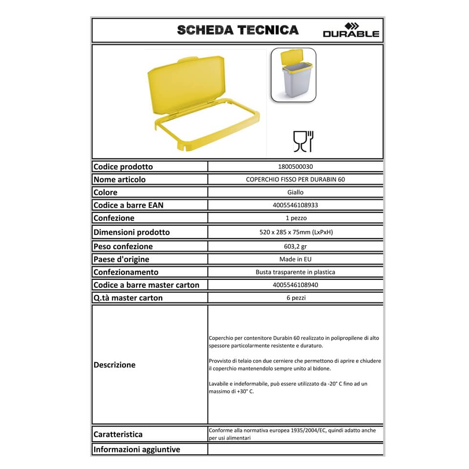 Coperchio per bidone portarifiuti DURABLE DURABIN 60 l giallo 1800500030