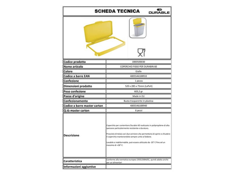 Coperchio per bidone portarifiuti DURABLE DURABIN 60 l giallo 1800500030