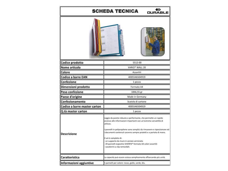 Leggio da parete DURABLE VARIO® WALL 20 pannelli A4 acciaio/polipropilene colori assortiti - 551200