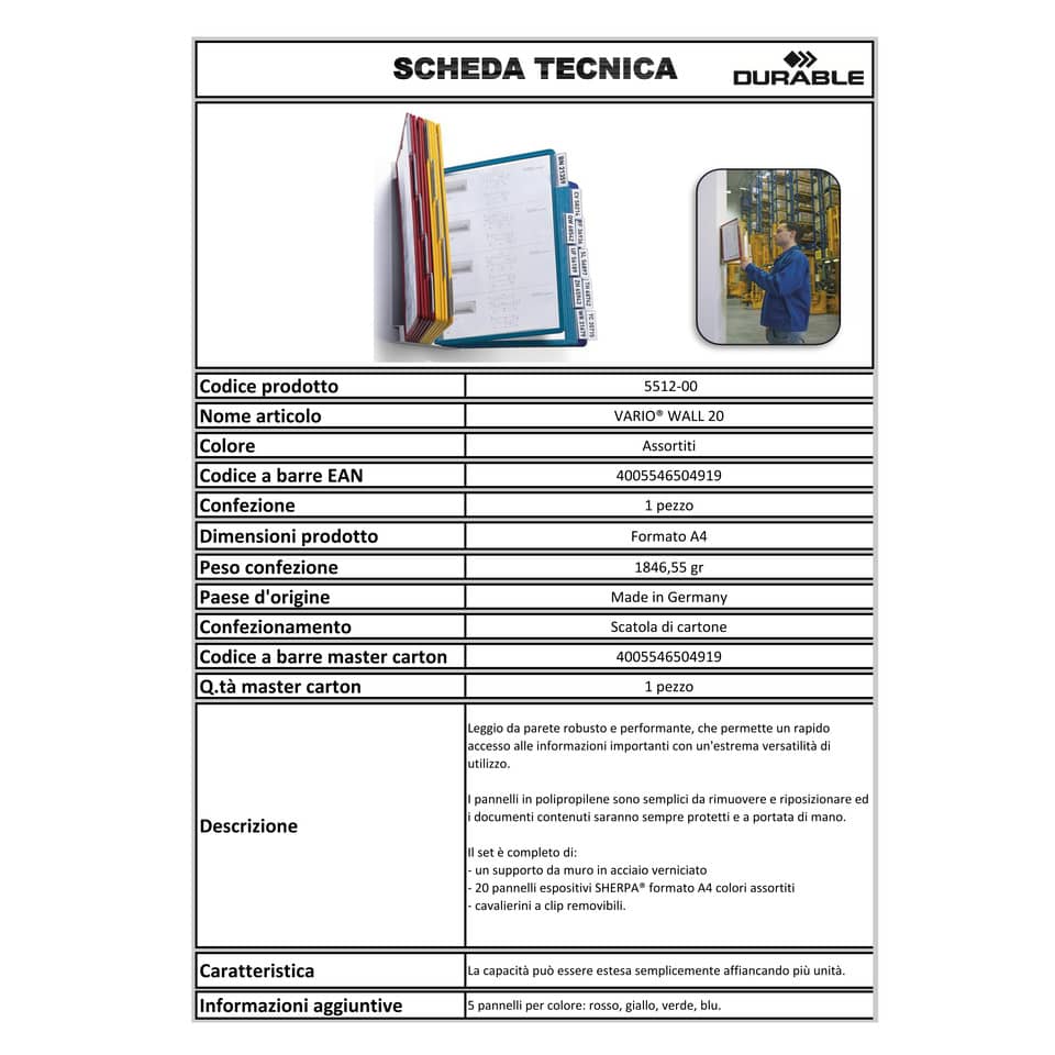 Leggio da parete DURABLE VARIO® WALL 20 pannelli A4 acciaio/polipropilene colori assortiti - 551200
