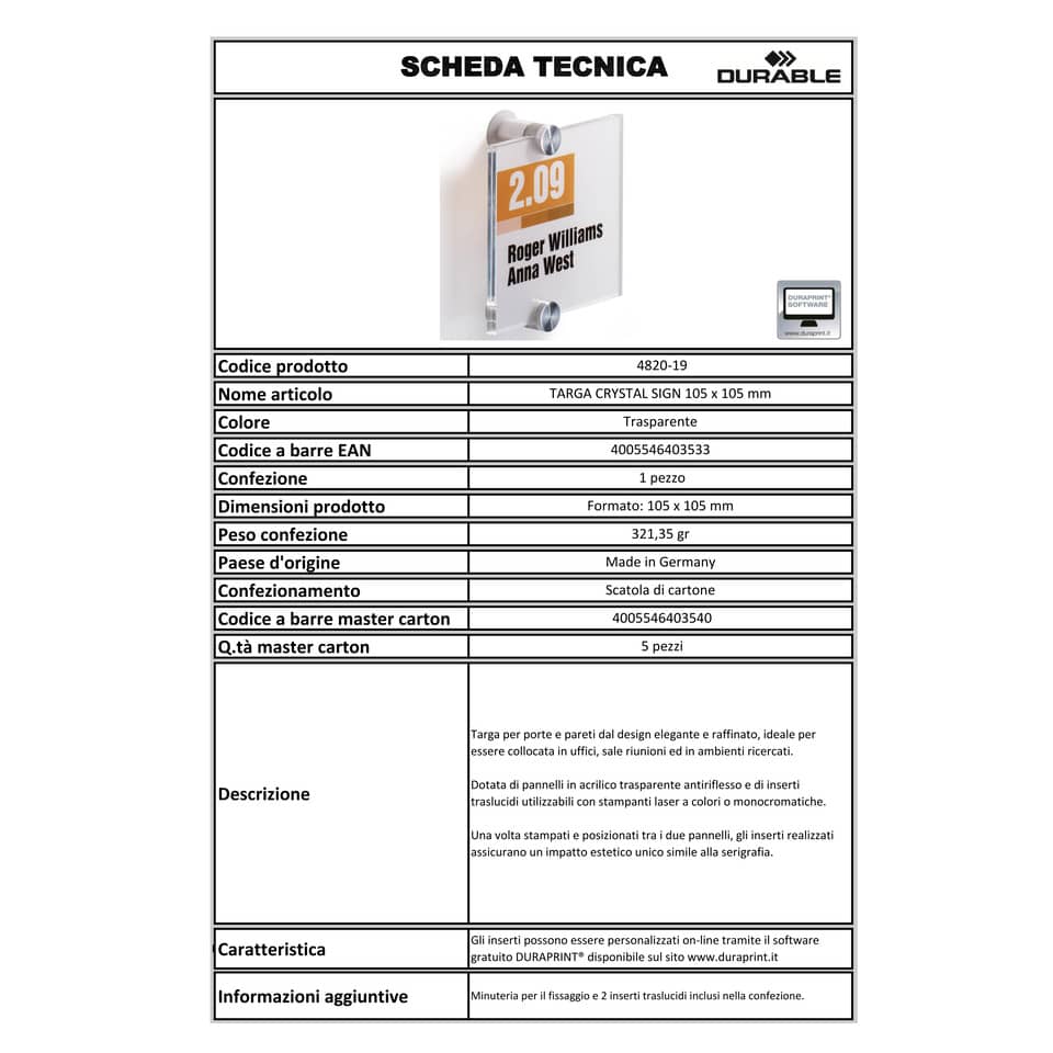 Targa DURABLE CRYSTAL SIGN acrilico trasparente 105x105 mm 482019