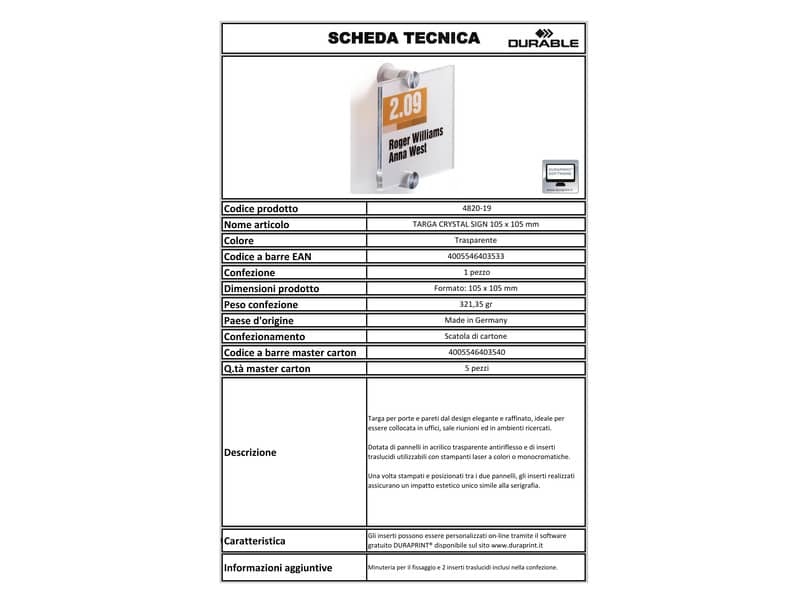 Targa DURABLE CRYSTAL SIGN acrilico trasparente 105x105 mm 482019