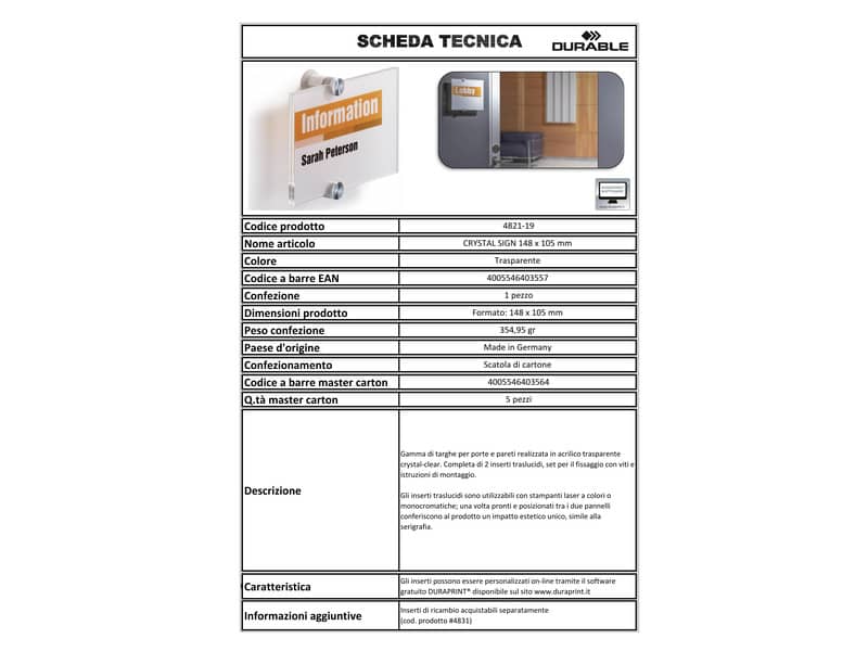 Targa DURABLE CRYSTAL SIGN acrilico trasparente 148x105 mm 482119